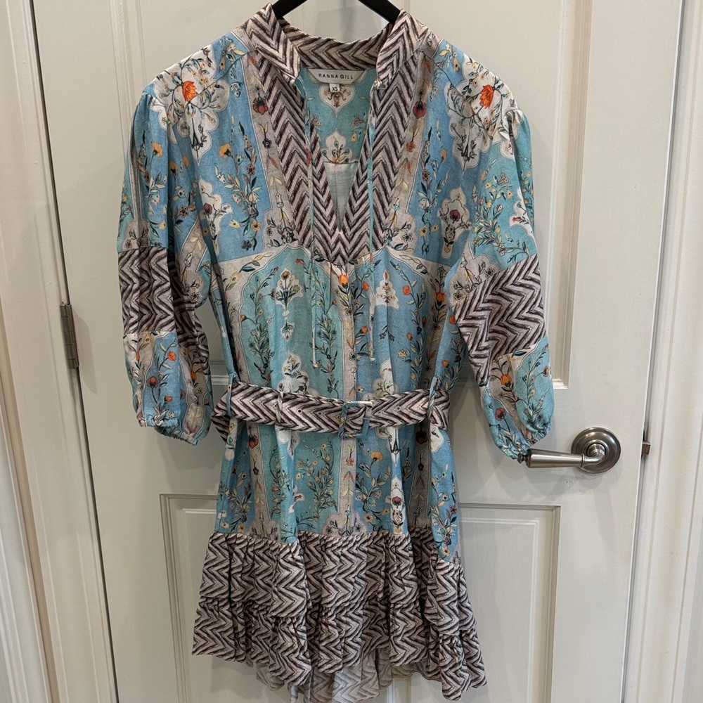 Ranna Gill Light Blue and Brown Chevron Dress - Picture 3 of 9